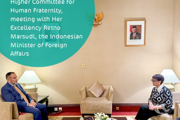 H.E. Dr. Khaled Al-Ghaith, Secretary-General of the Higher Committee for Human Fraternity, meeting with Her Excellency Retno Marsudi, the Indonesian Minister of Foreign Affairs
